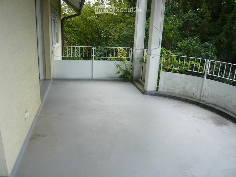 Empty balcony with concrete floor, white railing, and greenery in the background.
