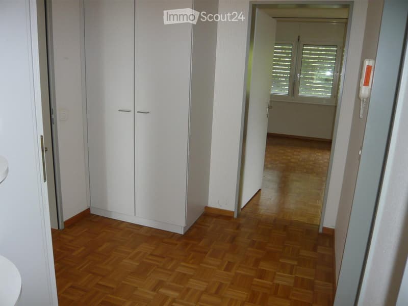 Empty hallway with wooden flooring, white walls, and a built-in wardrobe on one side. The hallway leads to another room with a window and blinds.