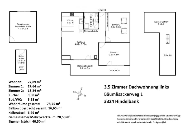 Floor plan of a 3.5-bedroom roof apartment with living area, two bedrooms, kitchen, bathroom, covered balcony, shared multi-purpose room, private studio, and basement area.