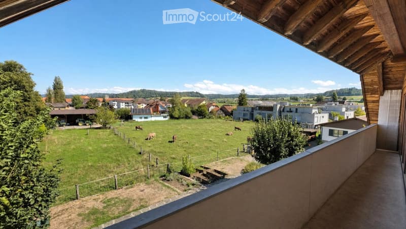 Balcony with wooden railings and a view of a rural landscape, including a green field with grazing cows, scattered houses, and a clear blue sky.