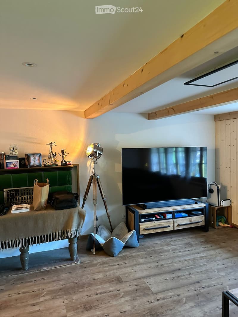 A cozy living room with wooden floors, a large television on a wooden stand, a tripod lamp, a small table with books and a handbag, and a cabinet with decorative items.