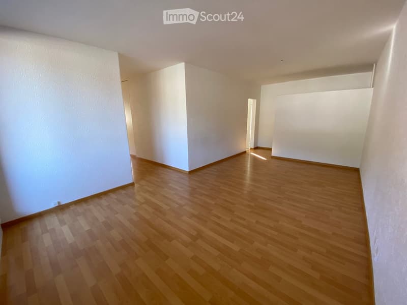 Empty hallway with wooden flooring and white walls, featuring a door at the end.