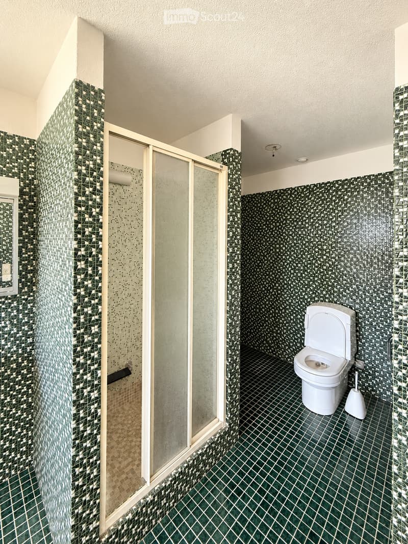 Modern bathroom with green and white mosaic tiles, a glass-enclosed shower stall, and a white toilet with a matching toilet brush holder.