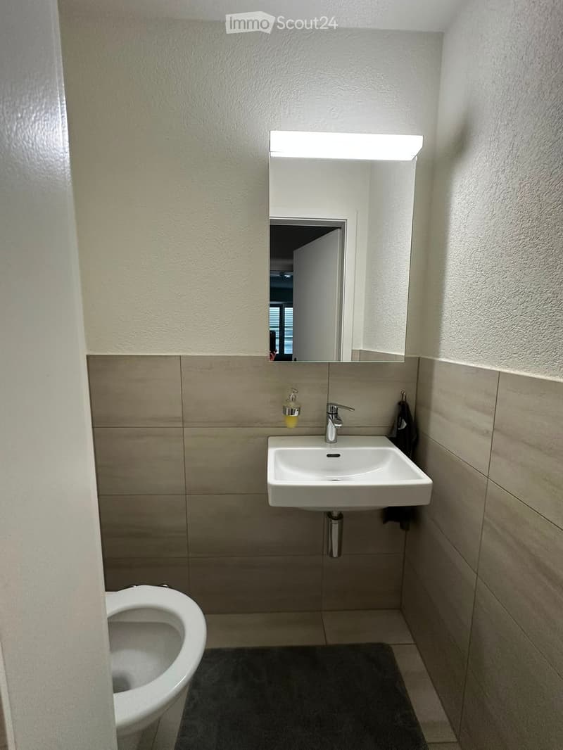 Modern bathroom with a white sink, chrome faucet, toilet, mirror with built-in lighting, soap dispenser, and a towel hanging on the wall.