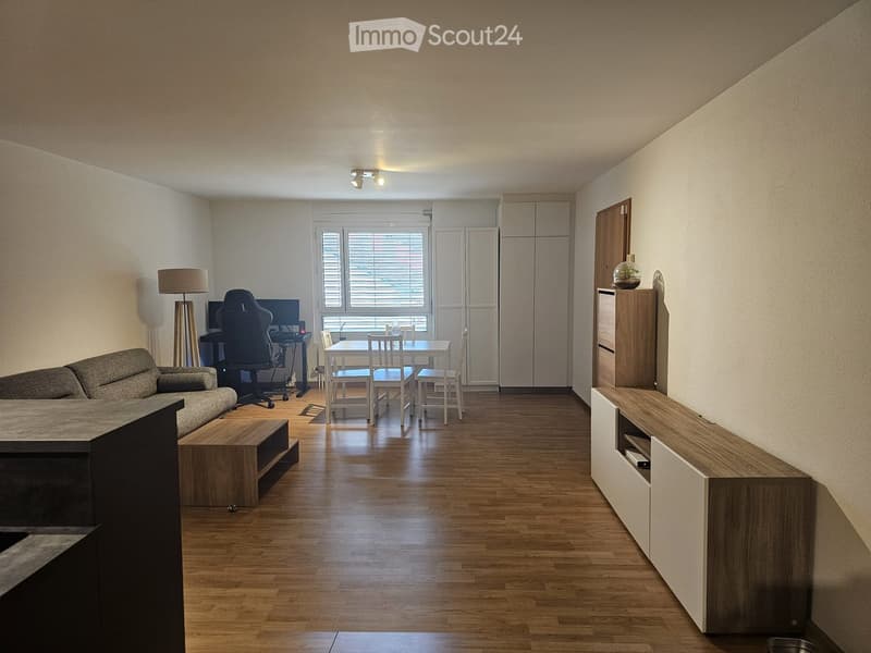 A modern, open-concept living and dining area with light wood flooring, white walls, and large windows. Features include a grey sofa, coffee table, dining table with chairs, a floor lamp, and a TV screen on a stand.