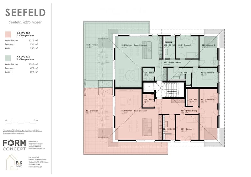 Floor plan of two apartments in Seefeld, 6295 Mosen, showing living spaces, kitchens, bedrooms, bathrooms, and terraces.