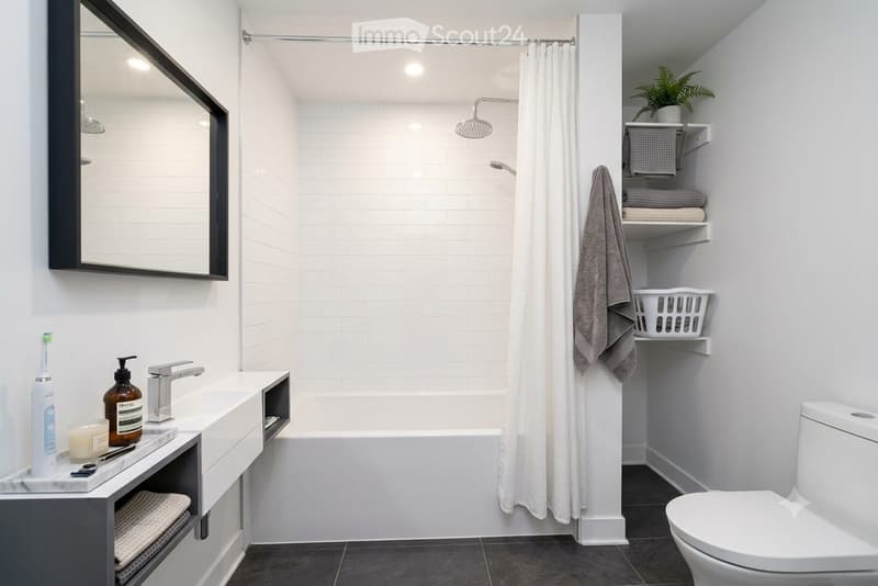 Modern bathroom with white tiled walls, dark grey floor, white bathtub, shower curtain, and a sink with a mirror above it. Shelves hold towels, a laundry basket, and a small plant. A toothbrush and soap dispenser are on the sink counter.