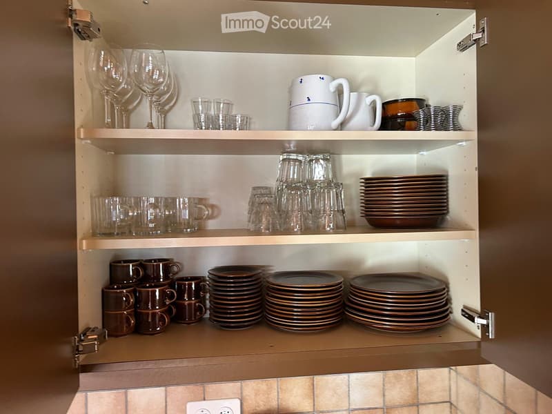 Cabinet with stacked dishes, wine glasses, and coffee mugs on two shelves.