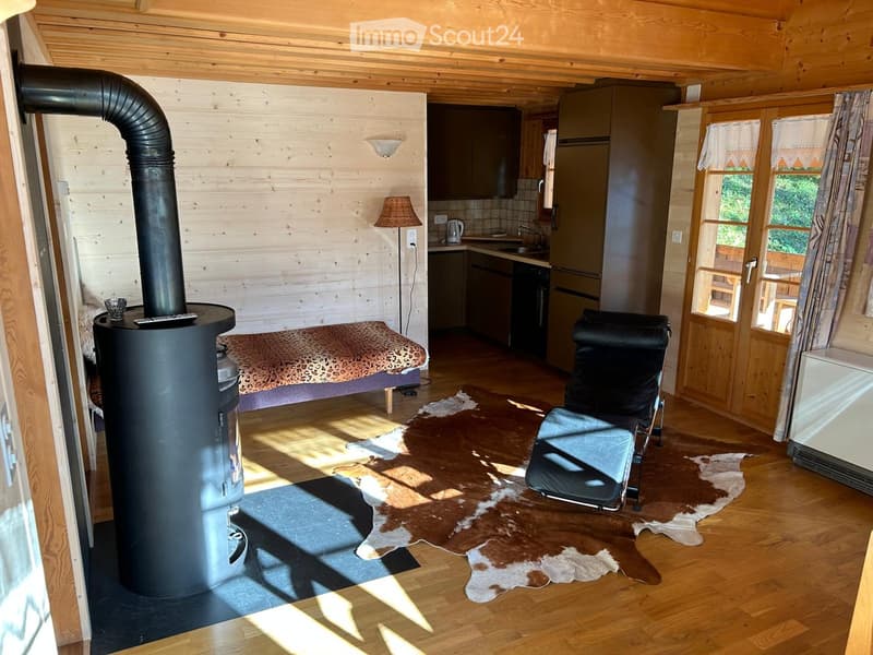 fireplace, wooden floor, cowhide rug, bed, lounge chair, wooden wall, kitchen