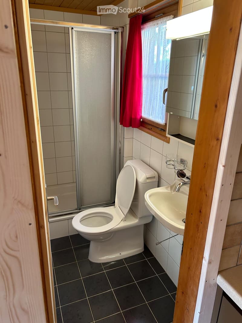 Small bathroom with a toilet, a shower stall, and a sink. White tiled floor and walls.