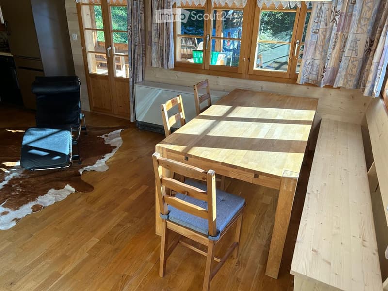 Dining area with wooden table, four chairs, long bench, wooden flooring, wooden walls, large windows, curtains, radiator, rug.