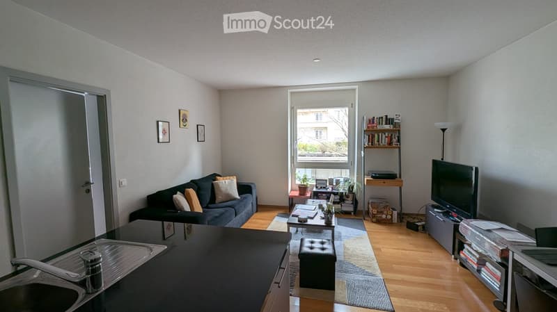 Modern living room with a dark blue sofa, coffee table, bookshelf, television, and a small kitchen area with a sink.