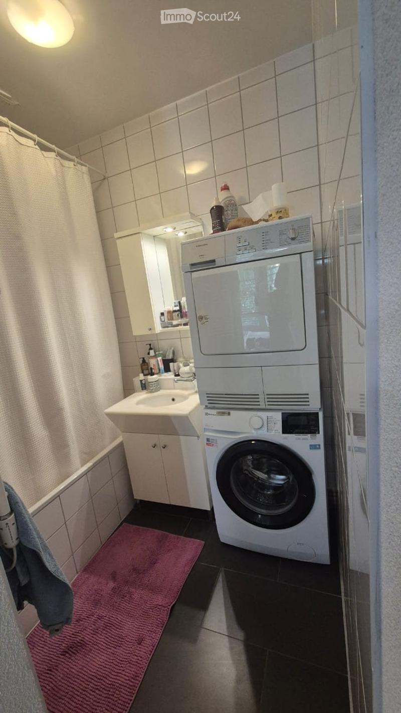 Bathroom with a sink, mirror, cabinet, washing machine, shower curtain, and a red bathroom rug.