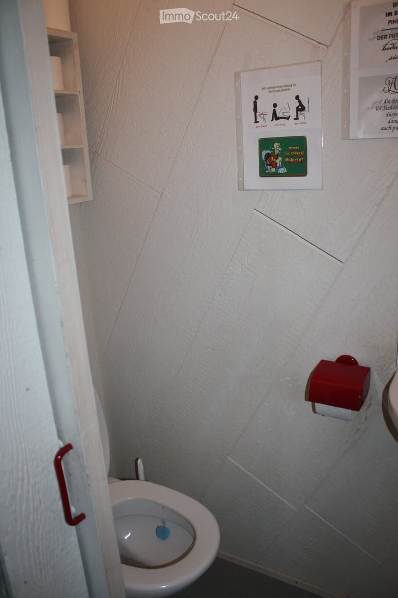 A small bathroom with a toilet, toilet paper holder, and informational posters on the wall.