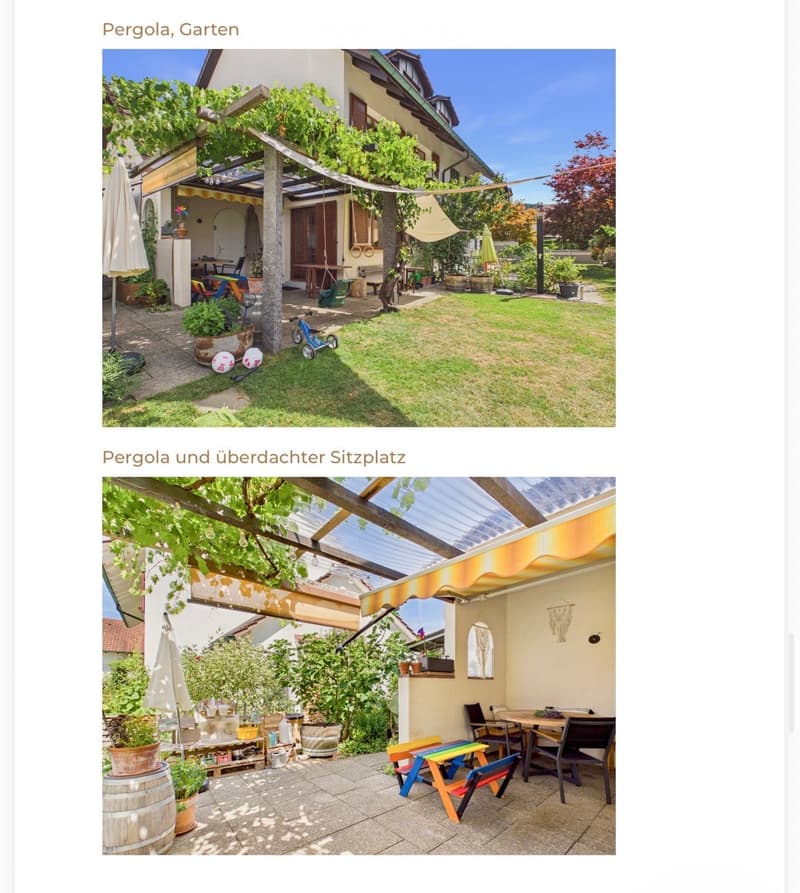 Garden with pergola, seating area, tables, chairs, and various potted plants.