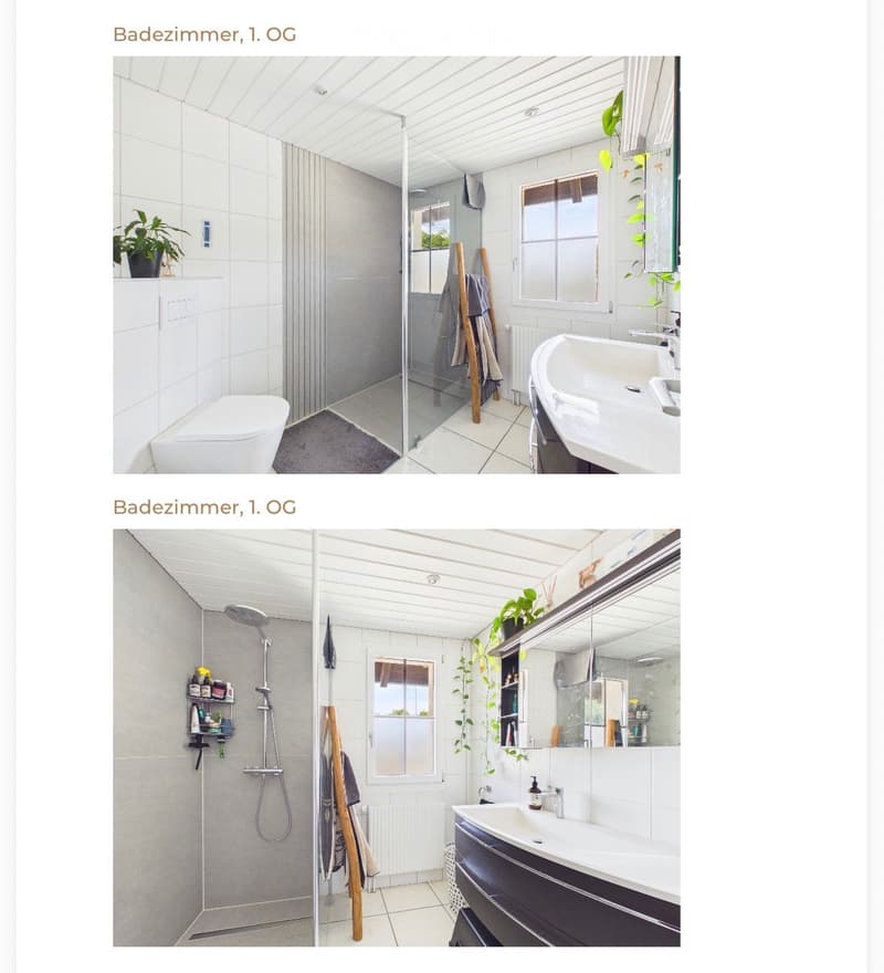 Modern bathroom with white tiles, a glass-enclosed shower, a toilet, a sink with a mirror, and a small cabinet. The space includes a towel and a plant on the windowsill.
