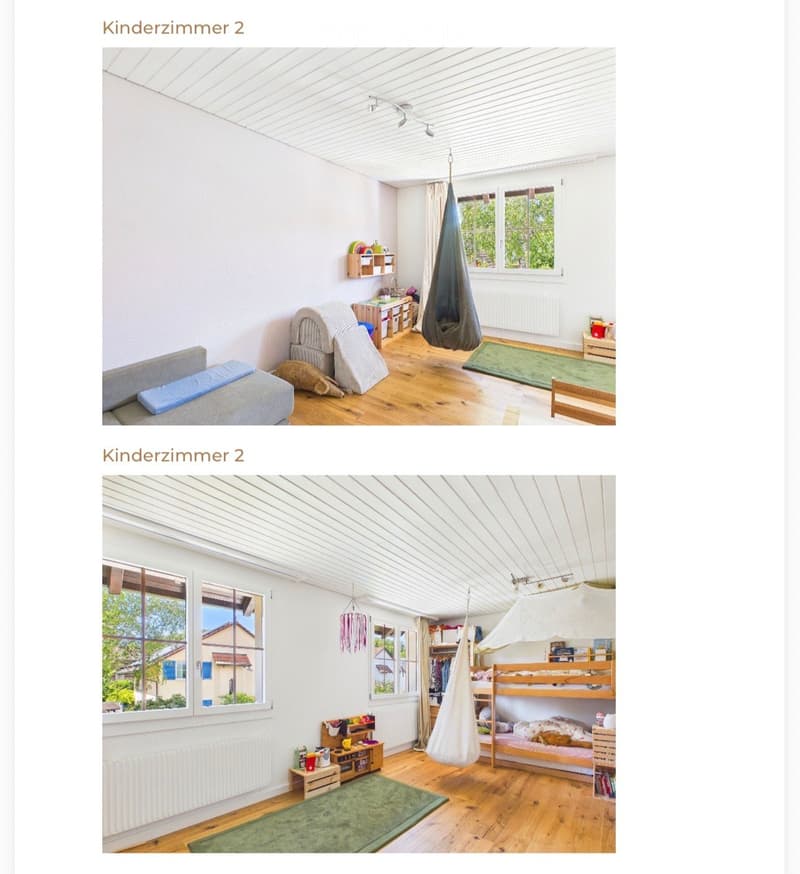 Bright children's bedroom with wooden flooring, large windows, a sofa, a hanging chair, a rug, a storage unit, a small table, and a bunk bed.