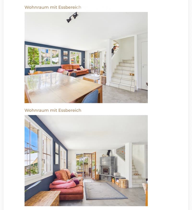Living and dining area with a sofa, dining table, fireplace, and large windows.