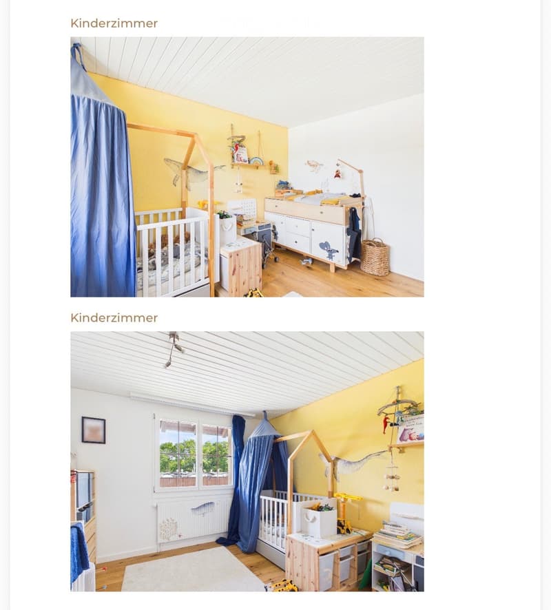 Brightly colored children's bedroom with a crib, curtained play area, shelves, and various toys and storage units.