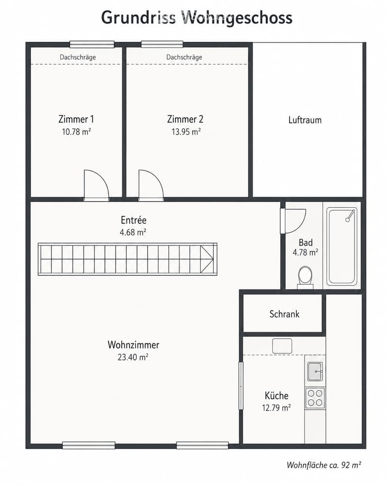 Floor plan of a residential floor showing two bedrooms, a living room, a kitchen, a bathroom, an entrance, and a closet.