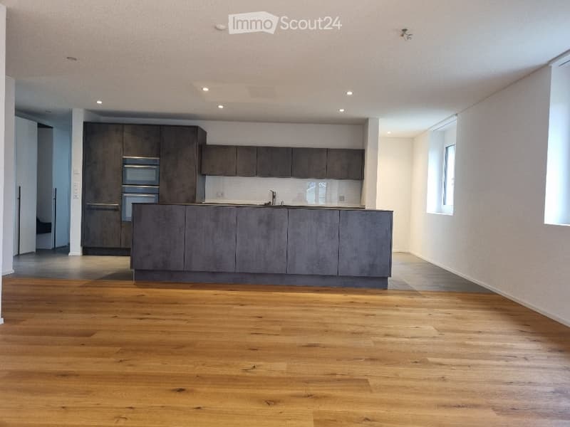 Empty kitchen with modern grey cabinetry, stainless steel appliances, and wooden flooring.
