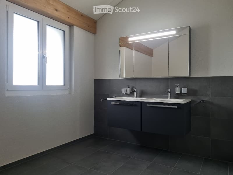 Modern bathroom with dark grey tiles, double sink, mirrored cabinet, and large window.