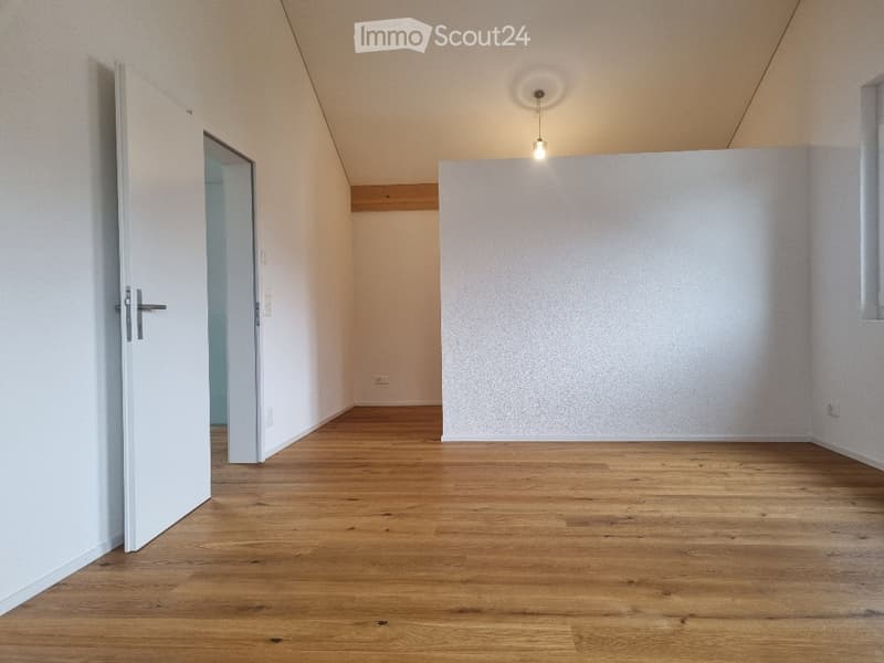 Empty room with wooden flooring, white walls, and a single hanging light fixture. No furniture or equipment present.