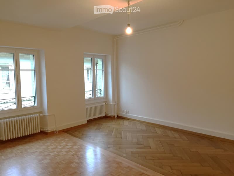 Empty room with wooden herringbone flooring, white walls, and two windows with radiators beneath them.