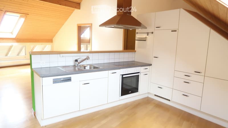 Modern kitchen with white cabinets, stainless steel sink, oven, and dishwasher. Wooden flooring and slanted wooden ceiling.
