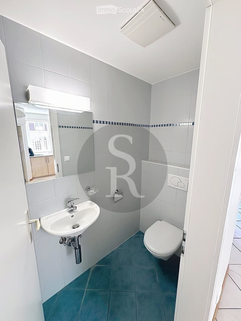 Modern bathroom with a white sink, toilet, and large mirror. Grey tiles on walls and blue tiles on floor.
