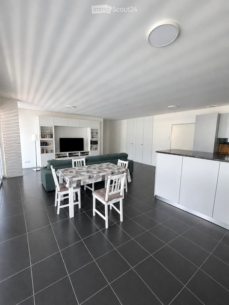 Modern living and dining area with a green sofa, dining table with chairs, television, white cabinets, and a floor lamp.