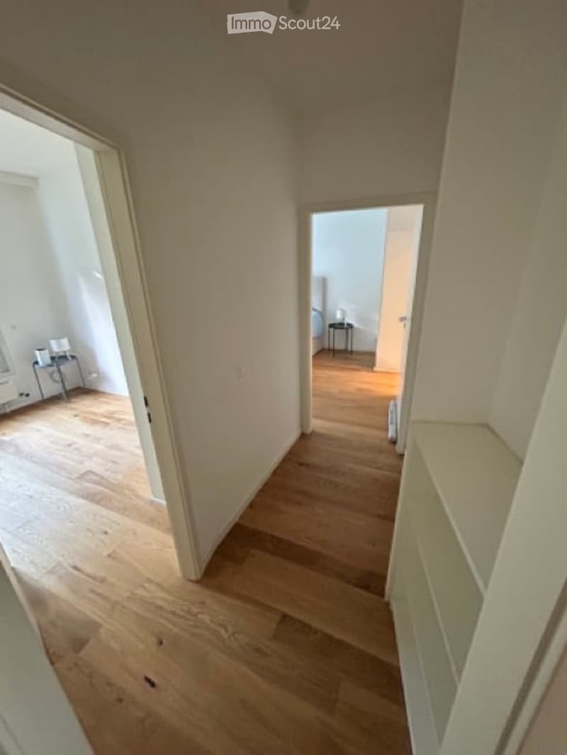 Empty hallway with light wooden flooring and white walls, leading to adjacent rooms.