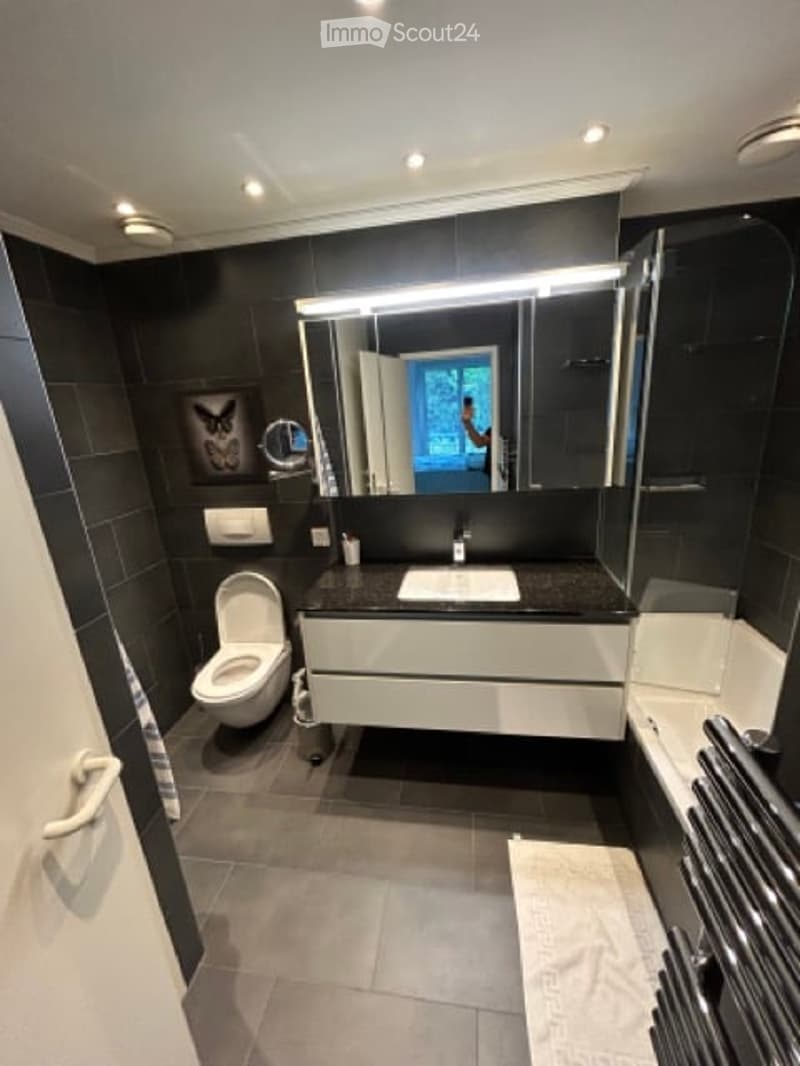 Modern bathroom with dark grey tiles, white fixtures, a large mirror, and a radiator. The space includes a toilet, sink, and a towel on the floor.
