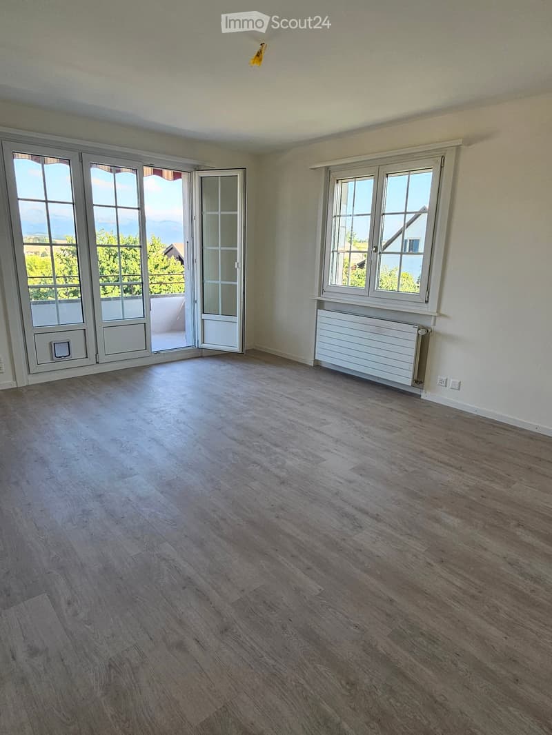 Empty room with wooden flooring, large windows, and a radiator. The room has a sliding glass door leading to a balcony with a scenic view.
