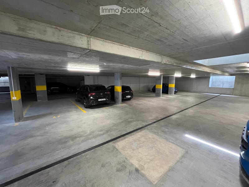 Underground parking area with concrete pillars, marked parking spaces, and several parked cars.