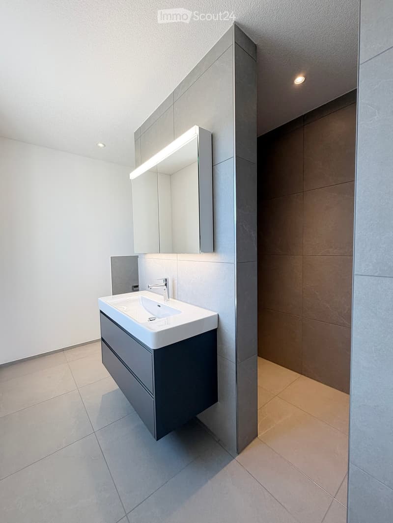 Modern bathroom with a white sink, dark grey cabinet, sleek faucet, and illuminated mirror above the sink.