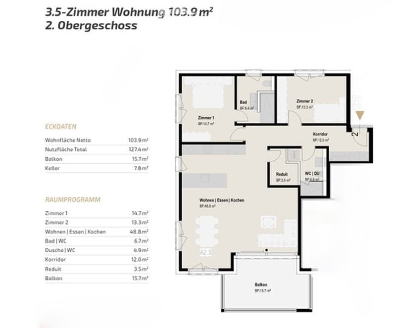 Floor plan of a 3.5-room apartment on the 2nd upper floor, total area 103.9 m². Layout includes living/dining/kitchen area, two bedrooms, bathroom, hallway, and balcony.