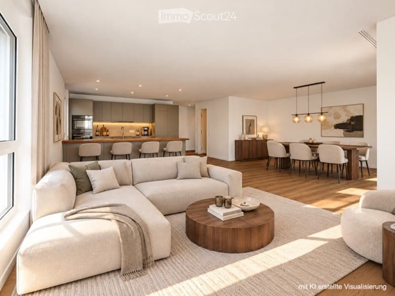Modern, open-concept living and dining area with a large sectional sofa, coffee table, dining table with chairs, and a kitchen island with stools. The space features wooden flooring, large windows with curtains, and contemporary decor including artwork an