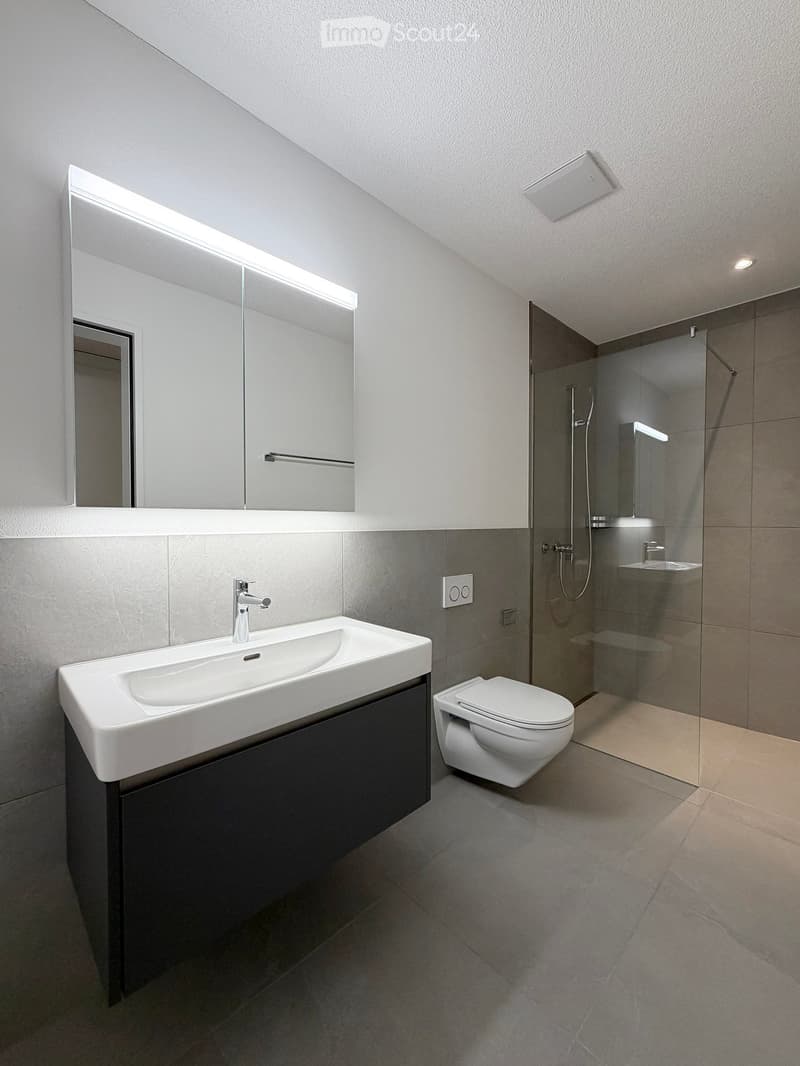 Modern bathroom with a white sink, chrome faucet, large mirror with built-in lighting, toilet, and a glass-enclosed shower area.