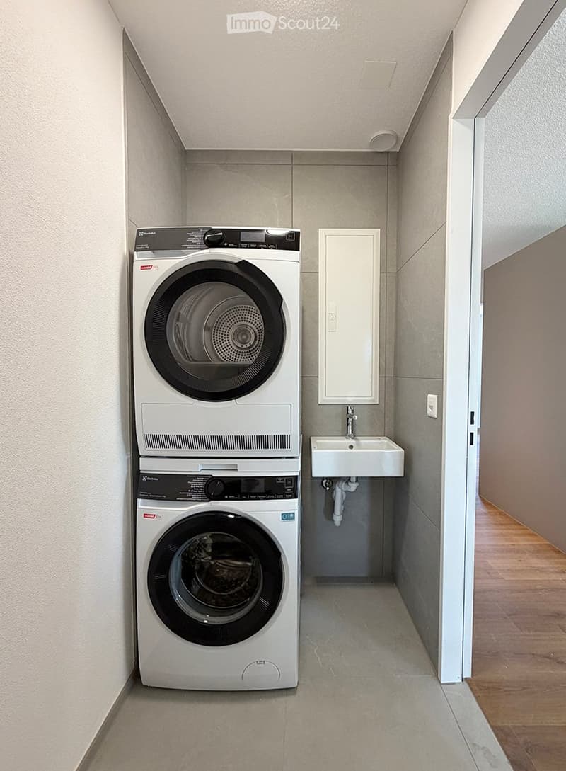 Modern bathroom with a stacked washer and dryer unit, a white sink, and a mirror above it.