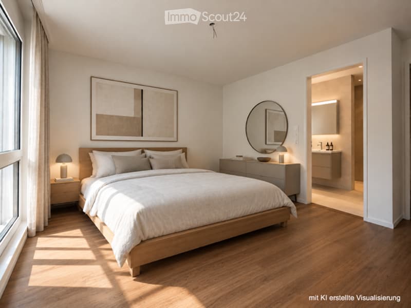 Modern bedroom with a large wooden bed, nightstand with lamp, dresser with mirror, and a small adjacent bathroom area with sink and mirror.