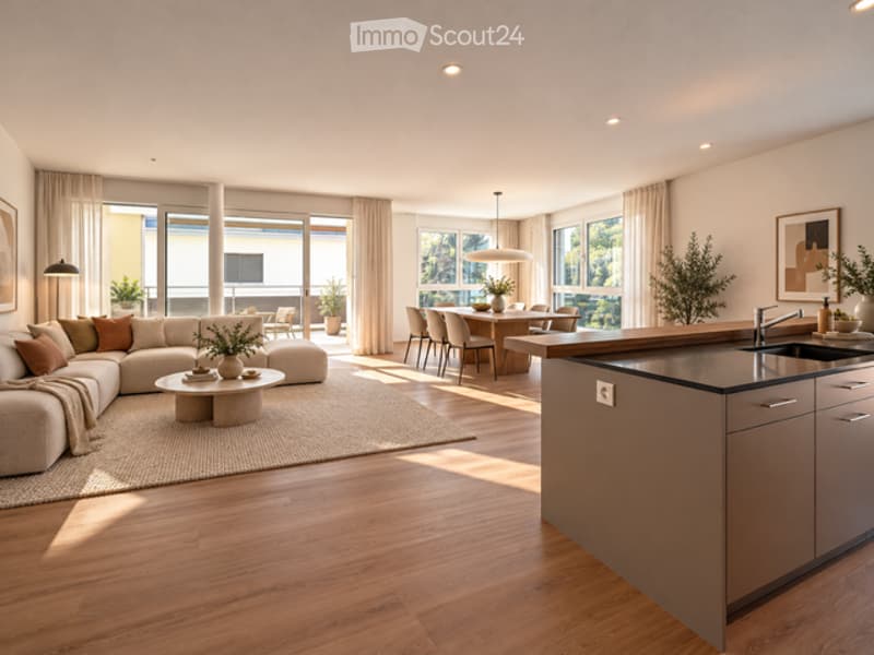Open-plan living and dining area with modern furniture, large windows, and a kitchen island.