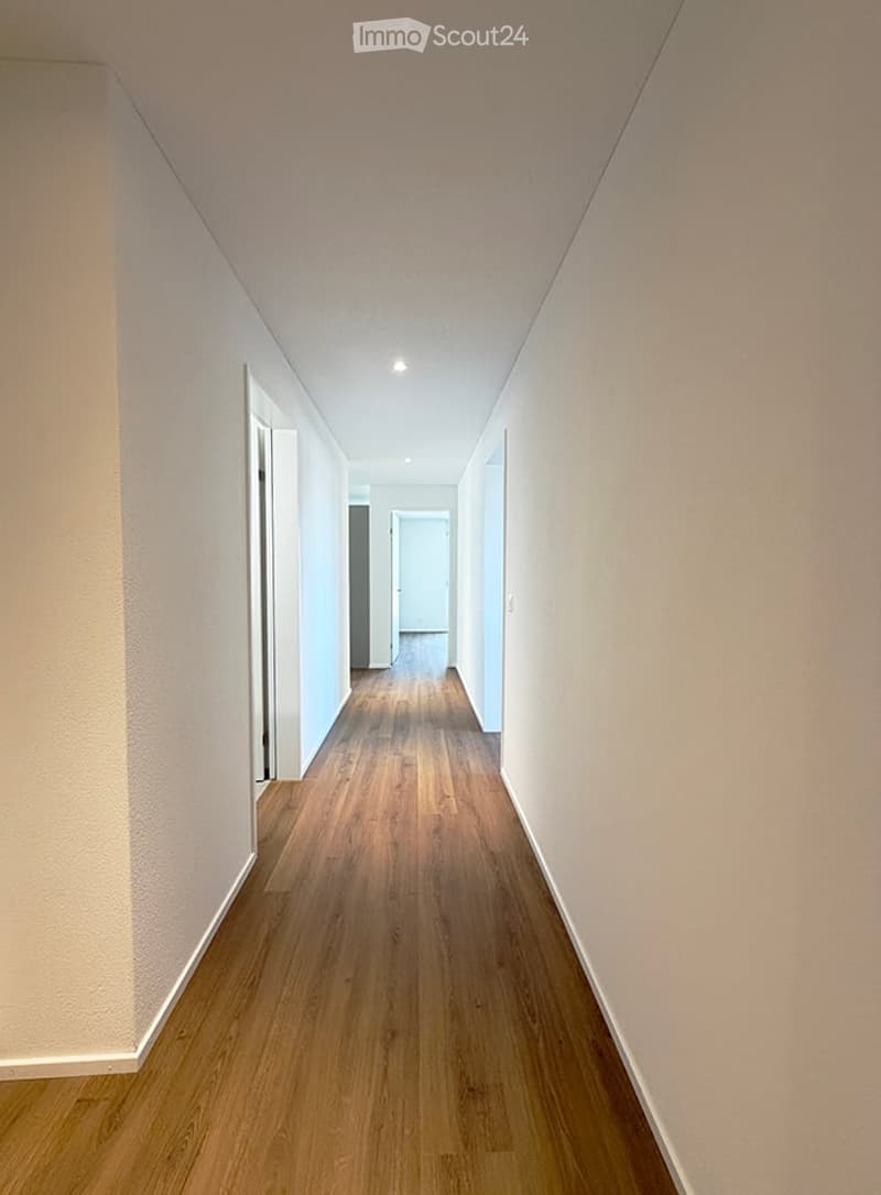 A long, narrow hallway with light wooden flooring and white walls, featuring several doors and recessed ceiling lighting.