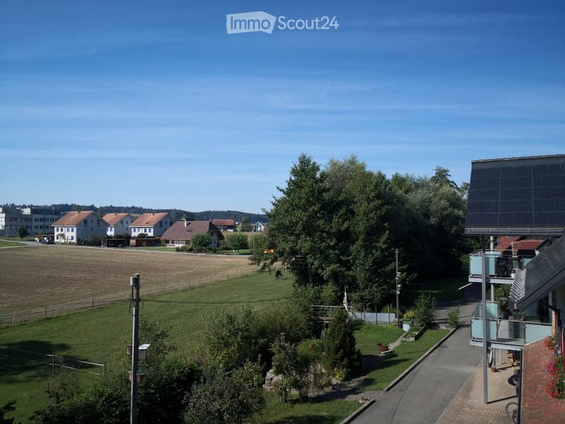 A peaceful rural scene with a grassy field, trees, a few houses, and a modern building with solar panels on the roof.
