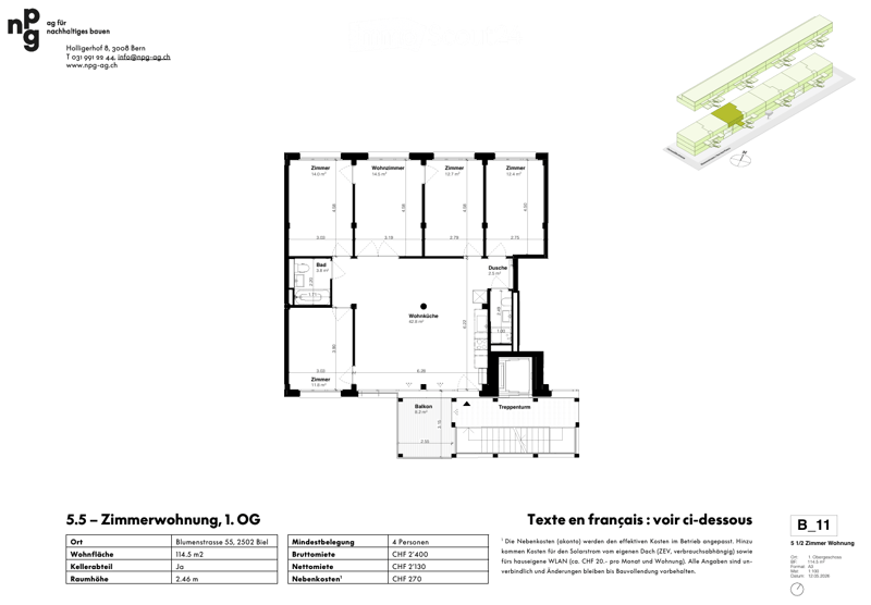 Floor plan of a 5.5-room apartment on the 1st floor, including living room, kitchen, 4 bedrooms, 2 bathrooms, and a balcony.