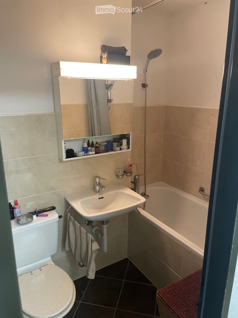 Modern bathroom with a white toilet, sink, bathtub, and mirror with built-in storage. Towels are hanging on a rack, and personal care items are placed on the sink and mirror shelf.