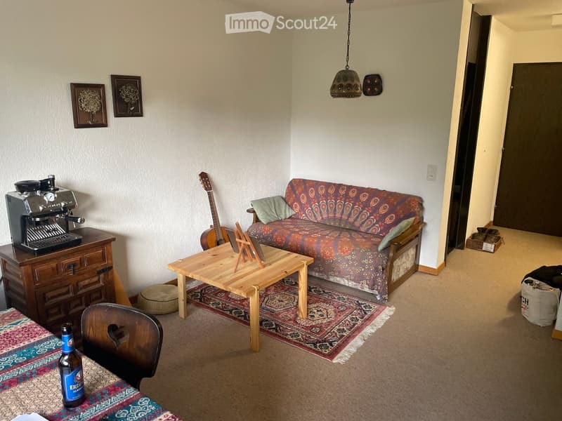 A cozy living room with a patterned sofa, wooden coffee table, guitar, and a coffee machine on a wooden cabinet. The room features a colorful rug and a hanging light fixture.