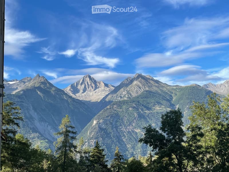 Panoramic view of mountain peaks and valleys, with scattered trees in the foreground and a clear blue sky above.