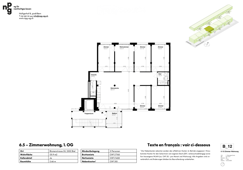 Floor plan of a 6.5-room apartment on the 1st floor, including living room, kitchen, 4 bedrooms, bathroom, balcony, and staircase.