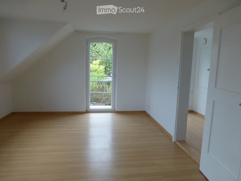 Empty room with wooden flooring, white walls, and a large window with a view of greenery outside.